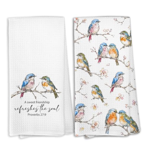 Christian Bird Floral Kitchen Dish Towels Decor 16x24in Set of 2 | a Sweet Friendship Refreshes the Soul Religious Bible Verse Hand Towels for Bathroom, Christian Friendship Gifts for Women - color: Bible