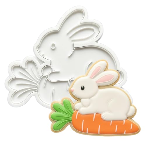 Easter Cookie Cutters Rabbit Carrot 3.5" with Plunger Stamps Handle Spring Holiday PLA Baking Molds Gifts Decorative Party Kitchen Cake Supplies - color: Rabbit Eats Carrot
