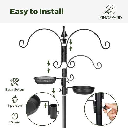 Kingsyard Bird Feeder Pole for Outdoors, 5-Prong Bird Feeding Station | 85-inch bird feeder pole with 3 adjustable hooks, seed tray and water bowl; tool-free setup with rust-resistant metal