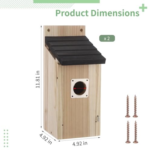 2 Pcs Bird Box Houses for Outside, 11.81 x 4.92 x 4.92 in Outdoor Hanging Wooden Birdhouses for Bluebirds, Unstained Natural Wood, 1.5 in Entry Hole, Sloped Roof, Bird Box for Wren, Finch, Swallow