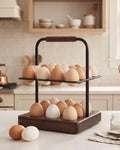 Farmhouse Wooden Egg Holder Countertop, 2-Tier Walnut Wood & Metal Egg Rack with Handles for 25 Fresh Eggs, Rustic Egg Tray Organizer for Kitchen Counter, Holds Eggs Farm Fresh Storage