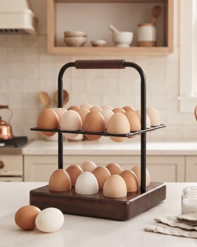 Farmhouse Wooden Egg Holder Countertop, 2-Tier Walnut Wood & Metal Egg Rack with Handles for 25 Fresh Eggs, Rustic Egg Tray Organizer for Kitchen Counter, Holds Eggs Farm Fresh Storage