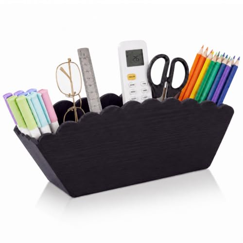 Jetec Scalloped Black Wooden Pencil Holder, Wooden Desk Organizer with 4 Compartment for Pens, Markers, Makeup Brushes, Remote Controls, Silverware, Decorative Cute Desktop Organizer for Office Home - color: Black