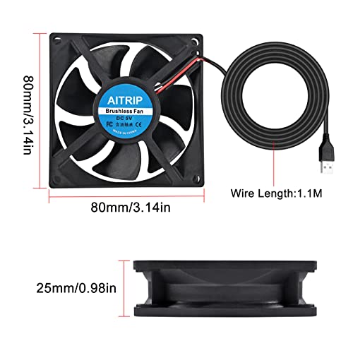 AITRIP 2PCS 80mm USB Fan 5V Brushless 8025 80x25mm for Cooling DIY PC Computer Case 3D Printer CPU Coolers Radiators - color: 2PCS 5V USB
