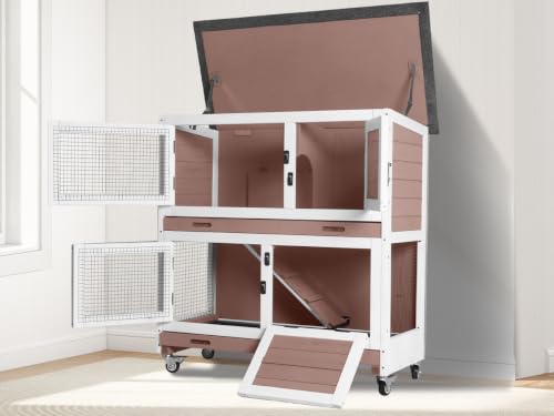 2-Tier Rabbit Hutch Indoor Bunny Cage with Wheels for Small Animals | House Guinea Pig Cage with Sliding Plastic Trays Wheels for Easy Cleaning Ventilation Design, 36 Inch Small Animal Home - color: Beige
