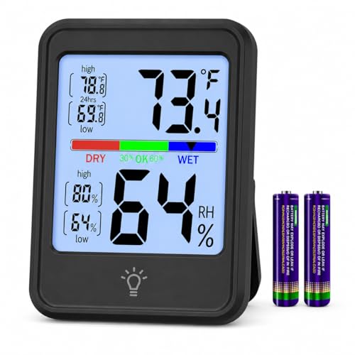 Indoor Thermometer Hygrometer, Temperature Humidity Monitor with Max/Min Records, 10-Second Backlight, Wall/Tabletop for Home, Office & Greenhouse