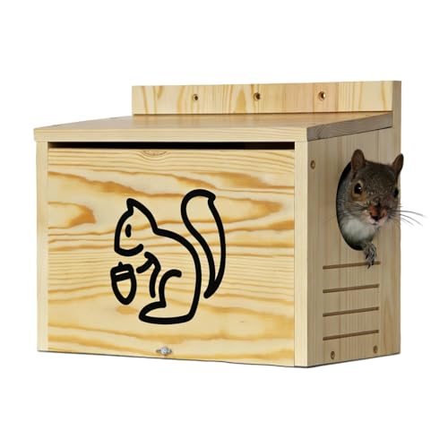 Wooden Squirrel House for Outside | Large Pine Wood Nesting Box with Front Open Panel, Easy Assembly Outdoor Animal Shelter for Backyard, Garden & Trees