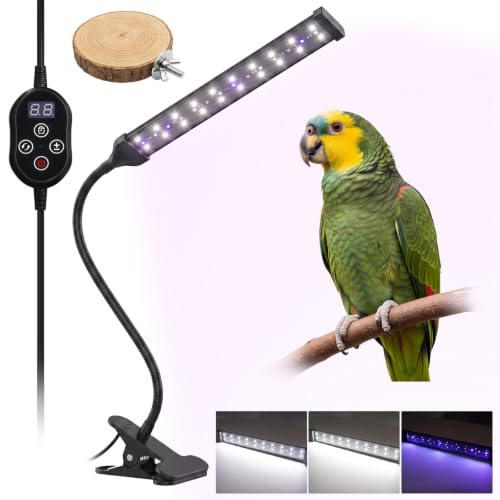 UVB Light for Birds, Full Spectrum LED Bird Cage Light for Parrot | UVB 2.4 Clip Lamp with 24H Cycle Timer for Captive Birds, a Round Platform Included, 3 Lighting Modes