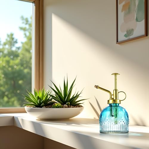 Glass Plant Mister Spray Bottle, 230ML Vintage Plant Spritzer, Succulent Watering Bottle Glass with Top Pump, Small Plants Sprayer Watering Can for Indoor Outdoor House(Blue and White) - color: dark or deep green