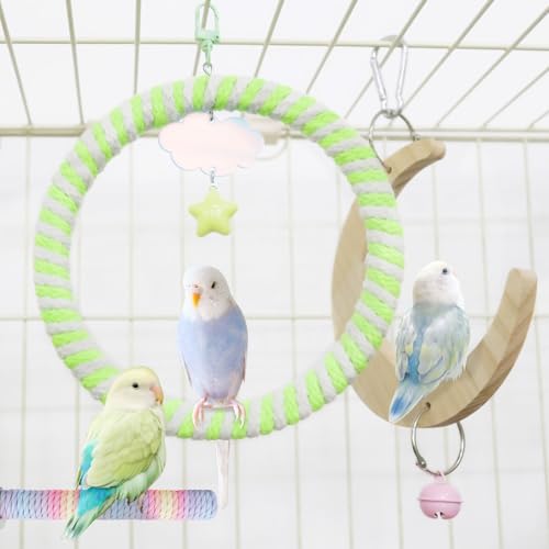 WishLotus Bird Swing and Standing Toys, Climbing Bird Toys Perch and Crescent Moon Parrot Swing for Budgerigar, Cockatiel, Monk Parakeet, Canary (Green) - color: Green