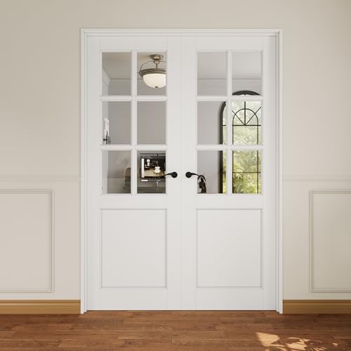 48x80 Interior French Door,6-Lite Clear Glass Doors,Living Room Doors | Matte Black Hardware-Privacy Door Lever with Lock, Latch&Hinges, Solid Core,Tempered Glass,No PreDrill,Jamb Assembly Required - color: 6 Lite, Black Hinges, size: 48x80 for 50x82 open