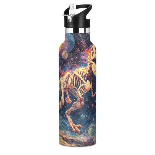 Dinosaur Water Bottles for Boys Oil Painting Leakproof Insulated Flask Jug Insulated Stainless Steel Travel Mugs Thermos Bottle Cups with Straw Lid for Sport 600ml - color: oil painting t-rex running