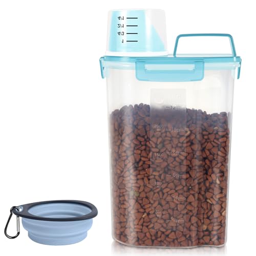 LEAWALK 3-5Lbs/3Qt Dog Cat Food Storage Container With Foldable Bowl., Plastic Pet Food Dispenser for Small Animal Kibble/Pet Food/Bird Seed/Oatmeal/Rice/Flour/Brown Sugart/Cereals (Clear Bule) - color: Clear Blue, size: 3L-1pack