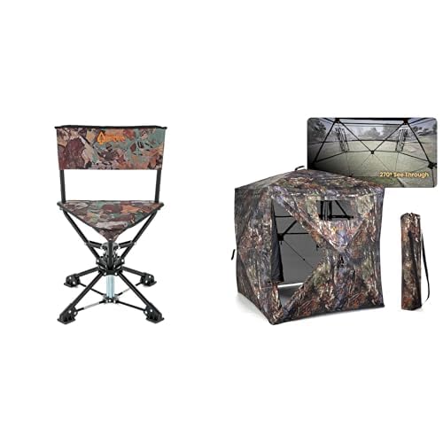 360° Swivel Hunting Blind Tripod Stool w/No Sink Feet & Carry Bag + 270° Vision 4.8x4.8 Ft Pop-up 2-3 Person See-Through Hunting Stealth Deer Blind Shelter w/Silent Magnetic Door