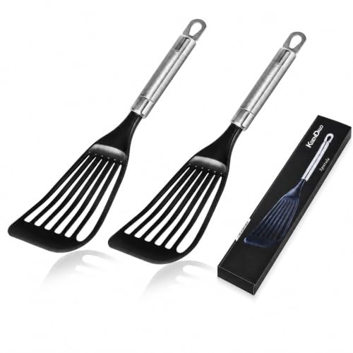 2 Pack Thin Flexible Fish Spatula for Nonstick Cookware, Black | Egg Flipper Turner, 1 Medium 1 Long Size, Hollow Steel Handle Slotted Angled LFGB Complaint Nylon Blade, Dishwasher Safe - size: Medium (2 Pack)