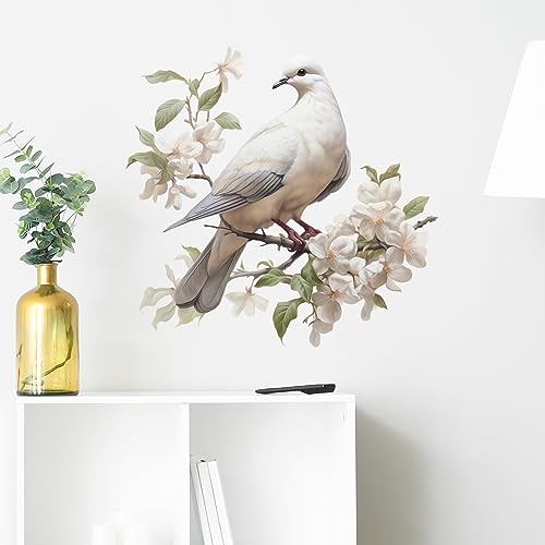 Soaring Dove Amidst Blooming Flowers Wall Decal Animal Wall Sticker | Removable peel and stick watercolor pigeon wall art with animal for nursery, classroom, preschool, and living room