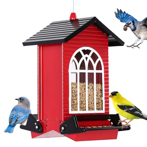 Gbekery Squirrel Proof Bird Feeder for Outdoors,5LB Large Capacity,Metal Wild Bird Seed Feeder with Bilateral Weight-Activated Perches for Outside Hanging,Finch,Cardinal,Blue Jay,Garden Decoration,Red - color: Red