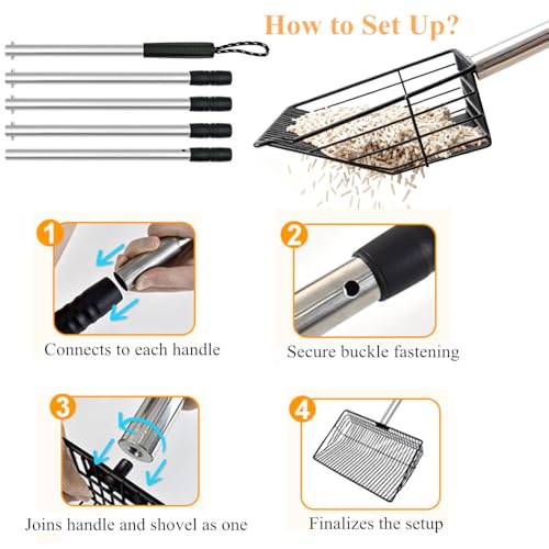Chicken Poop Scooper, 10inch Stainless Chicken Coop Scoop for Sand with 36-66inch Adjustable Handle, 2-in-1 Metal Scooper Heavy Duty Litter Sifting Shovel Chicken Coop Accessories