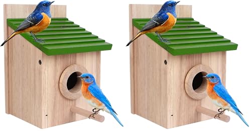 Bird House for Outside with Predator Guard Natural Wooden Bird Houses for Outdoors with Pole Finch Bluebird Cardinals Hanging Birdhouses Clearance Garden Country Cottages (Green, Normal) (Pack of 2) - color: Green, size: Normal (Pack of 2)