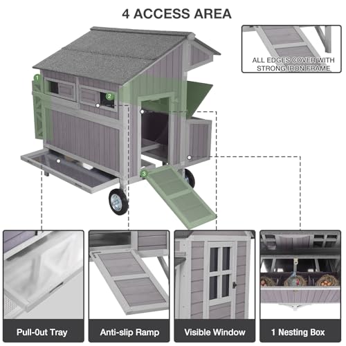 GUTINNEEN Chicken Coop with Large Wheels for 3-6 Chickens, Mobile Wooden Hen House with 3 Nesting Boxes, Removable Tray, Durable Outdoor Duck Coop Rabbit Hutch - size: 48.6"L x 41.0"W x 51.2"H