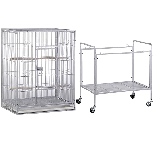 ZENY 53-Inch Bird Cage, Wrought Iron Flight Birdcage, White | with Rolling Stand, Bird Flight Cage for Cockatiels Pet Parrot Parakeet Lovebird Canary Finch - color: White