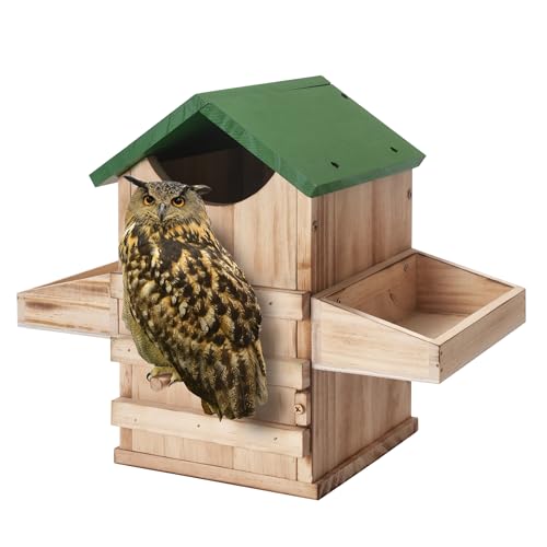 Screech Owl House with Feeder, Owl Box with Bird Stand Design | Nesting Box Wood with Mounting Screws, Cozy House for Lovely Birds, Easy Assembly Required - color: Green B