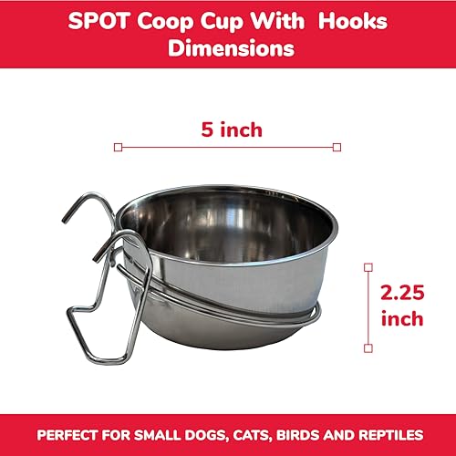 SPOT Stainless Steel Coop Cup with Wire Hooks – Durable, Chew-Resistant Food/Water Bowl for Cages & Crates, Easy Install & Removable, for Cats, Dogs, Birds & Reptiles - 20 Oz (2.5 Cups) - color: Stainless Steel, size: 20 Oz