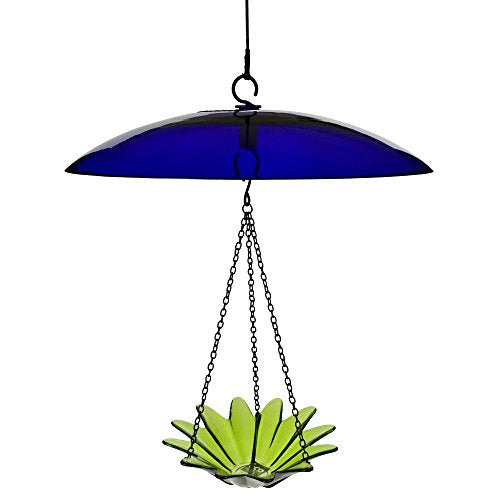 Yellow Recycled Glass Bird Feeder Dome, Hanging Weather Shield with Dual Hooks, Durable Outdoor Protection for Backyard Feeders, Cobalt Blue