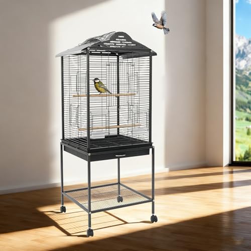 Bird Flight Cage with Rolling Stand 51" H Large Bird Cage W/Tray & Waterproof Roof, Wheels-Freestanding Bird Cage for Cockatiel, Budgerigar, Lovebird, Sun Conure, Cockatoo-Black