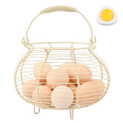 Wire Egg Basket for Gathering Fresh Eggs Holder,Retro Handle Egg Gathering Basket,Metal Eggss Holder-Countertop,Farmhouse-Eggs-Storage Container for Kitchen Easter Decor(White) - color: White
