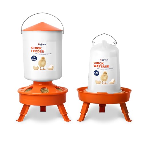 Eggluuz Chick Feeder and Waterer Set, Top Fill 3kg Chick Feeder and 1.5L Chick Waterer with 3 Adjustable Heights