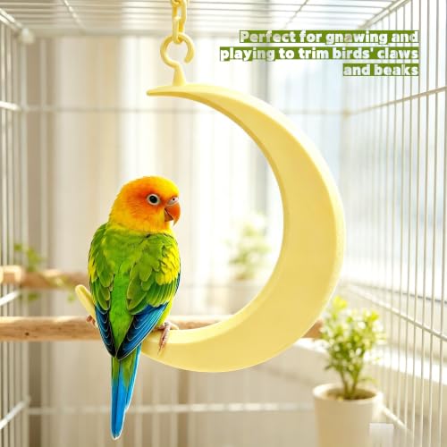 Hanging Moon Bird-Swing Perch, Parakeet Swing Toys with Chain, Grinding Claw Beak Cage Accessory for Small Parrots - color: Yellow Moon