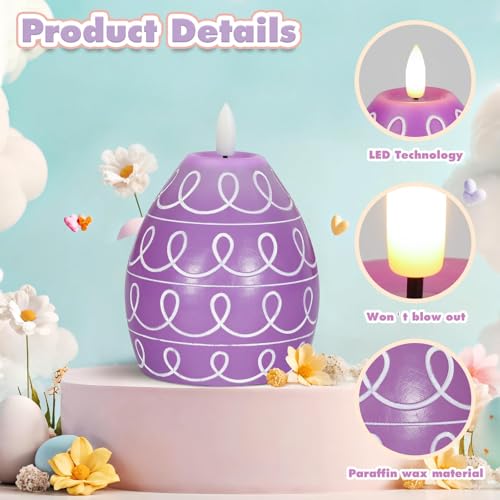 3PCS Easter Egg Flameless Candles – 5.2" Battery Operated LED Egg Candles with White Wave Pattern, Green Purple Pink Real Wax Finish, Flickering Flame for Easter Table Centerpiece Spring Home - color: purple, pink, green