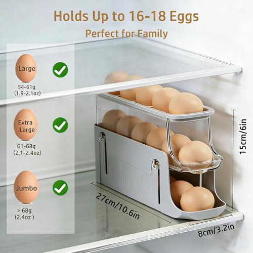 Printe Egg Holder for Fridge, Rolling Egg Holder for Refrigerator, Automatic Egg Dispenser Organizer, Egg Storage Container Rack for Refrigerator Countertop, Space Saving Fridge Organizer （Grey） - color: Grey