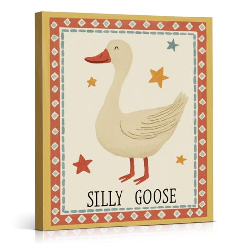 YJIKRTVT Whimsical Silly Goose Canvas Wall Art, Funny Vintage Farmhouse Animal Painting, Rustic Nursery Bedroom Living Room Decoration, 8x10 Inch - color: Goose