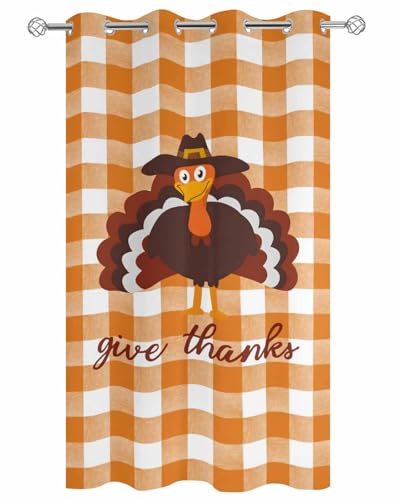 Outdoor Curtains for Patio, Thanksgiving Turkey Waterproof Blackout Outside Curtain for Porch/Pergola/Gazebo, Fall Orange Farmhouse Plaid Thermal Insulated Drapes for Cabana, 1 Panel, 54 x 84 Inch - size: 54"W x 84"L (Pack of 1)