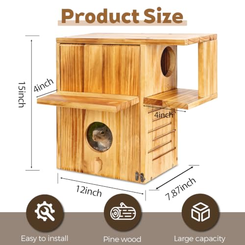BOUGOON Large Squirrel House for Outside,Fir Wood Squirrel Nesting Box | with Multi Platform,Acrylic Observation Window,Lockable Front Pane,Drainage Holes for Tree Fence Backyard