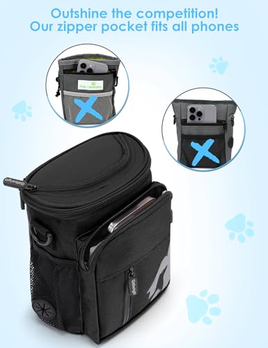 8 Cup Dog Treat Pouch with Training Clicker(Full Black) | 3 Ways to Wear/ Built-in Poop Bag Dispenser/ Zipper Front Pocket Phone Friendly Treat Bag for Pet Training & Walking - color: Full Black