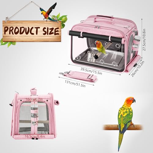 Bird Carrier Airline Approved, Bird Travel Cage with Indestructible Stainless Steel Mesh, Bird Travel Bag Lightweight and Portable with Water Bottle and Bowl - color: Pink