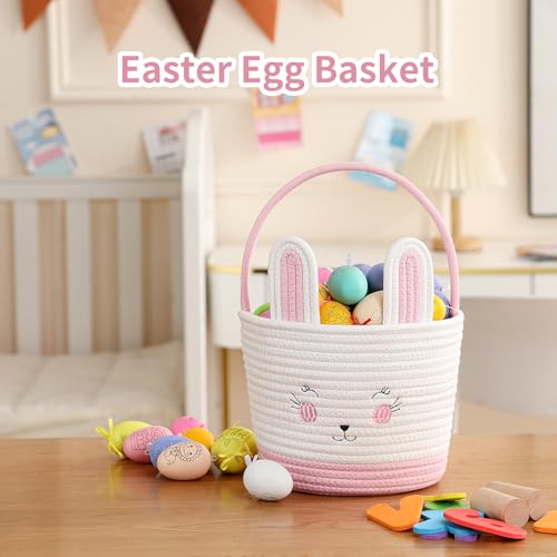 Easter Baskets for Easter Egg with Handle Woven Empty Hunt Boys' Lovely Bunny Rabbit Colorful Woven Basket First Easter Gifts for Boys, Babies, Kids, and Children (Pink) - color: Pink