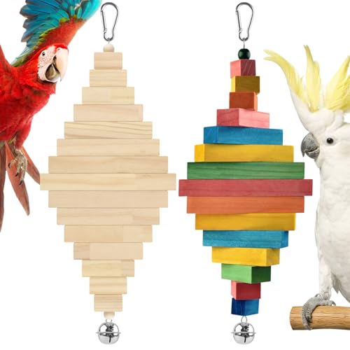 DBNESS 2 Pcs Bird Toys, 15.94in Large Parrot Foraging Toys for Beak Grinding, Wooden Block Bird Chewing Toys for Macaws Eclectus Cockatoo African Greys Amazon Parrots - size: 15.94in