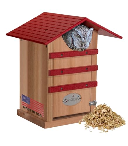 Screech Owl House Cedar Nesting Box with Poly Lumber Roof, Saw-Whet Owl Box for Outside, Drainage Ventilation, Easy Cleanout, Made in USA, Cardinal Red - color: Cardinal Red