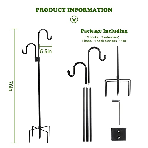 Shephard Hooks Outdoor 76 Inches for Lanterns Double Hooks Heavy Duty Shepherd Stand Plant Hanger Yard Hooks for Solar Lights,Bird Feeder Wedding Adjustable Height&Hooks Powder Coated - color: 2 hooks-76in