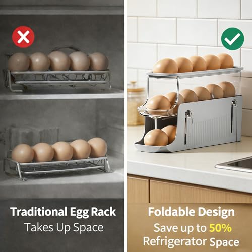 Printe Egg Holder for Fridge, Rolling Egg Holder for Refrigerator, Automatic Egg Dispenser Organizer, Egg Storage Container Rack for Refrigerator Countertop, Space Saving Fridge Organizer （Grey） - color: Grey