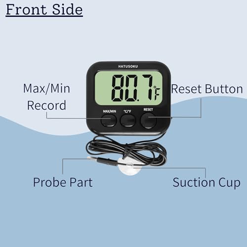 HATUSOKU Digital Thermometer with External Sensor, Magnet, Suction Cup, Water Thermometer, Aquarium, Refrigerator, Freezer (Black) - color: Black