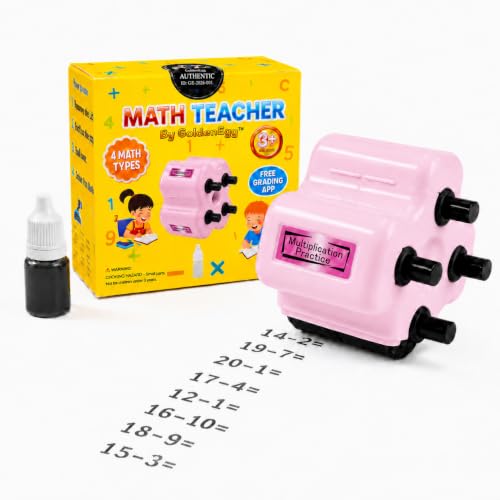 GoldenEgg Math Teacher 4-in-1 Math Roller Stamp, Addition, Subtraction, Multiplication & Fill-in-the-Blank Practice Tool for Kids, Classroom & Home Use (Pink) - color: Pink