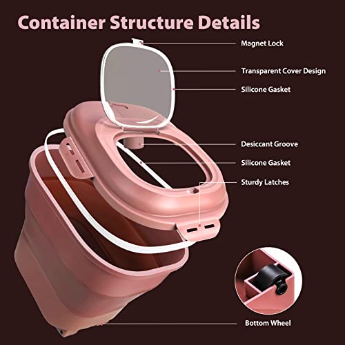 Viretec Cereal Rice Storage Containers, 20 to 50Lbs Collapsible Dry Food Dispenser Bins with Airtight Flip Lid Rolling Wheel, Kitchen Pantry to Store Sugar Flour, Dog Pet Cat Food Holder Container - color: Pink