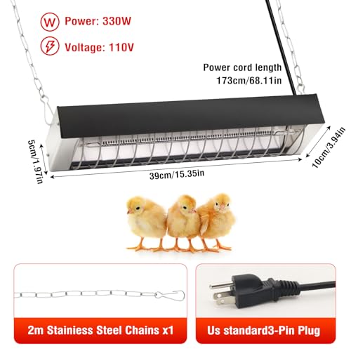 Chicken Coop Heater 330W Carbon Fiber Heating Lamp 2 Temperature Modes Hanging Heat Lamp for Chicks Brooder, Duck, Pet House, Poultry, Greenhouse Plant