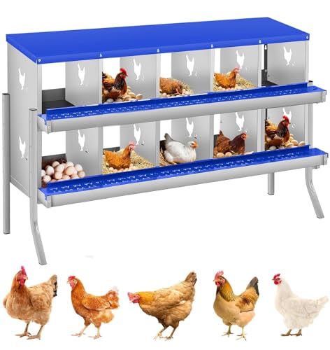 Garvee Chicken Nesting Box, 10 Compartments Nesting Box for Chickens, Galvanized Steel Chicken Laying Box for Easy Egg Collection, Wall Mounting - color: Blue | 10 Compartment+legs