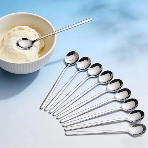 Long-handled Mirror-Finish Small Round Stainless Steel Spoon, Suitable for Scooping Bird's Nest, Honey, Coffee, Milk Powder, Sugar, Cocoa Powder and Other Foods & Desserts (10pcs 6.7", Silver) - size: 6.7in, style: 10Pcs Silver